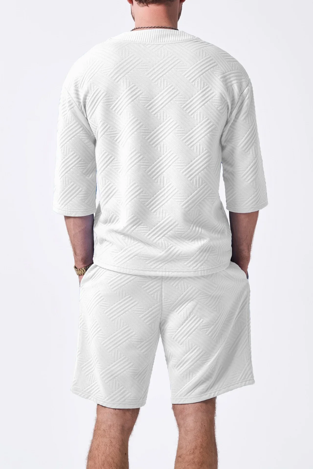 Nice Men's Summer Casual Sportswear Set V-Neck Jacquard Loose Short-Sleeved Top With Shorts Two-Piece Ensemble