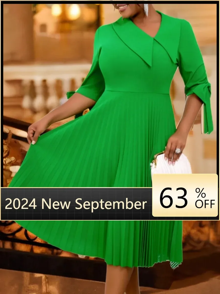 

Elegant Church Dresses for Women Green Pleated Irregular Collar Half Sleeve With Bow A-Line Midi Length Evening Party Gowns