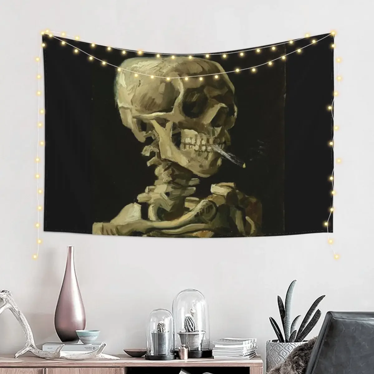 Skull of a Skeleton with Burning Cigarette - Van Gogh Tapestry Wall Decoration Items House Decoration Decoration Home Tapestry