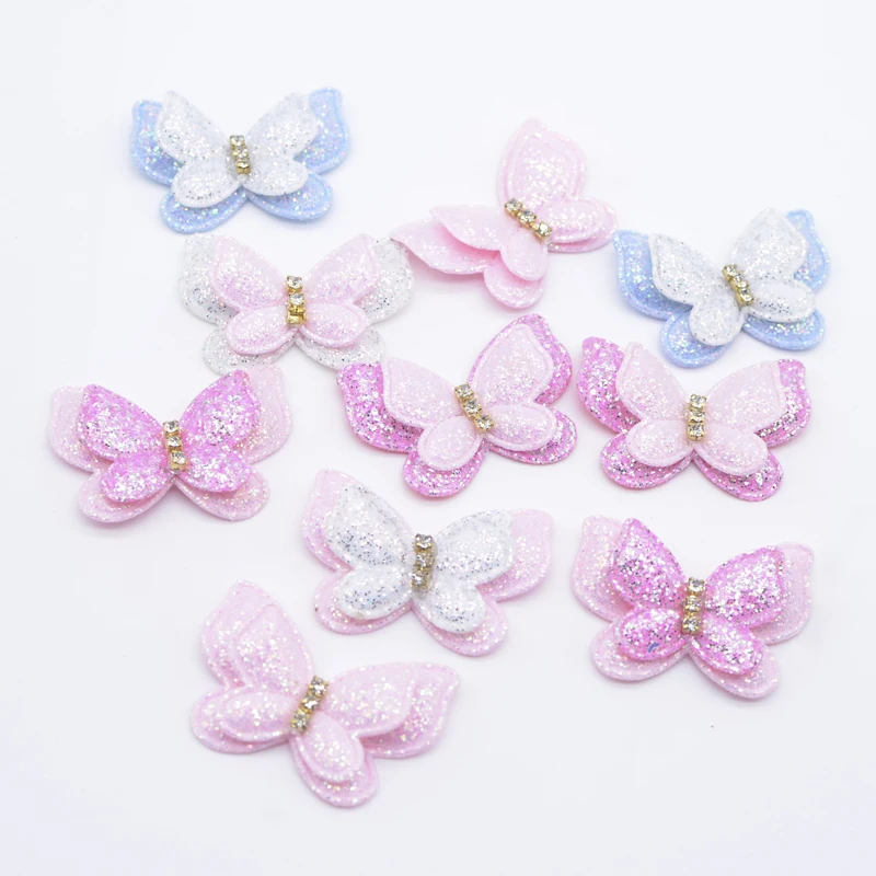 

Wholesale 100Pcs 44*30mm Bling Butterfly Appliques for Clothes Hat Shoes Sewing Patches DIY Hair Clips Bow Decor Accessories