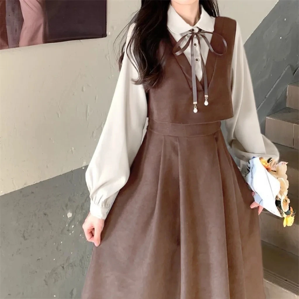 Vintage Patchwork Dress Long Sleeve SpringAutumn Preppy Style Temperament ClothingFake Two Piece Female Slim Women Dresses