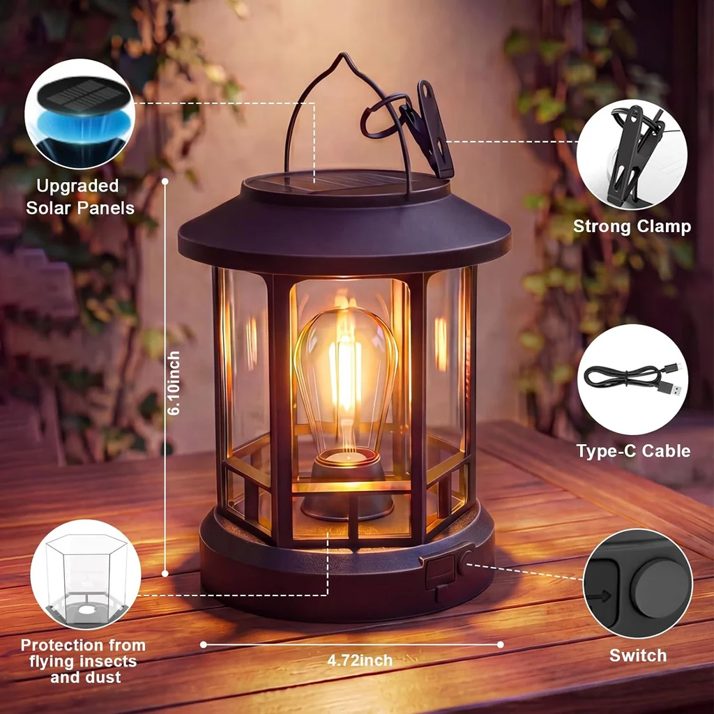Solar Lanterns 2 Brightness Levels Adjustable 600mAh Battery ABS+PP Materials Sturdy Handle USB-C Charging for Garden Patio Yard