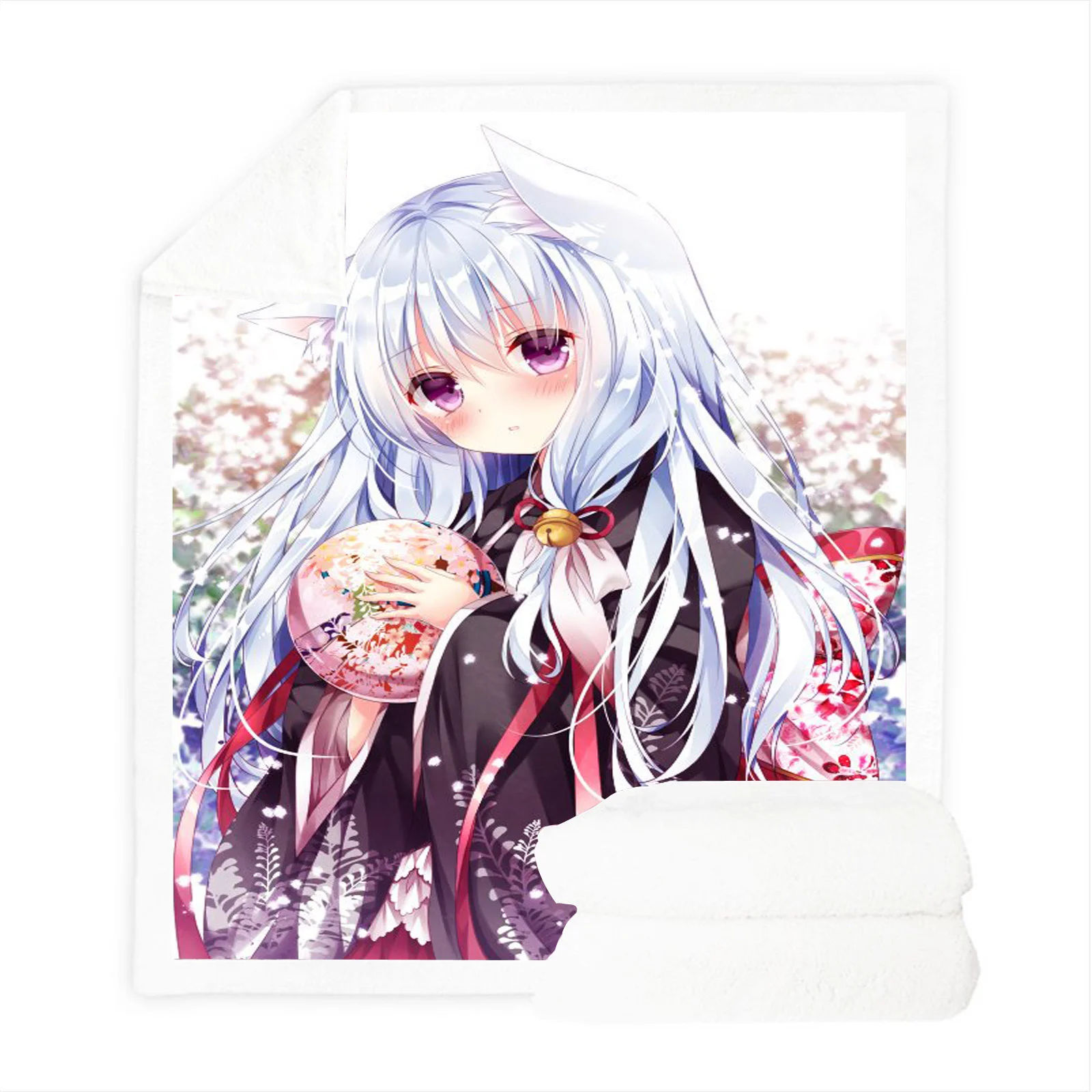 Kawaii Anime Cat Ear Girl Sherpa Blanket Cherry Blossom Kimono Print Fleece Throw Blanket Soft Cozy Couch Bed Sofa Blanket Home