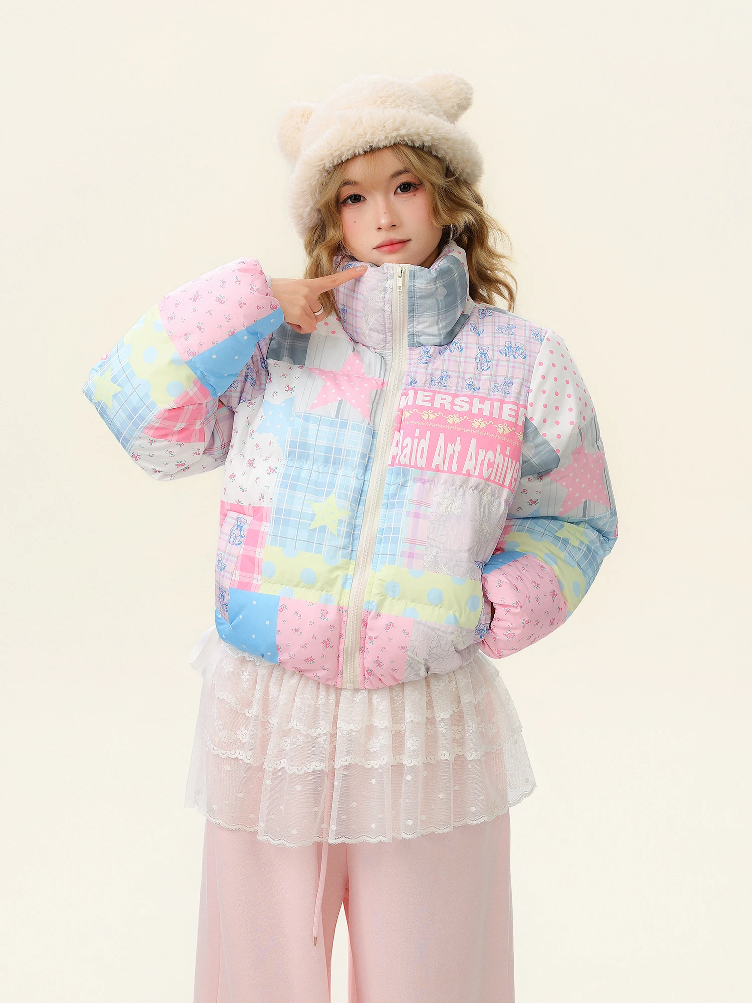 

Warm Plaid Print Stand Collar Bread Sle Coat for Women Loose Fit Winter Cotton Jaet Sweet College Sle Polyester Fill