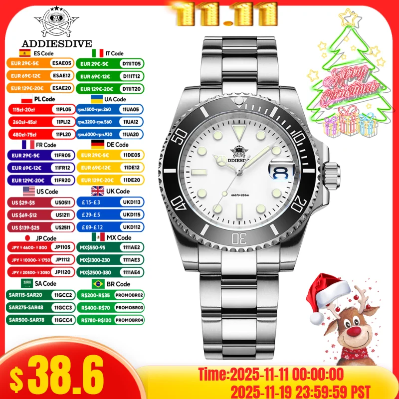 ADDIESDIVE 41 мм Лучшие роскошные кварцевые часы для мужчин 200 м Дайвинг BGW9 Супер светящиеся кварцевые часы из нержавеющей стали 316L reloj hombre