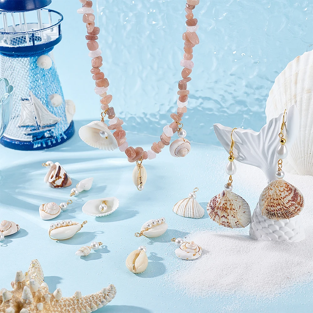 44pcs Shell Pendants 11 Styles Ocean Beach Seashell Charms with Pearl Wire Wrapped Clam Cowrie Shell Dangle Beads with Loop