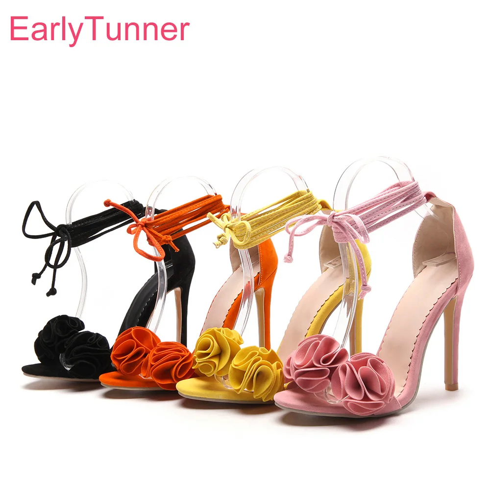 Brand New Sexy Orange Yellow Women Sandals Gladiator High Heels Lace Up Lady Floral Shoes EH12 Plus Big Size 10 43 45 49 52