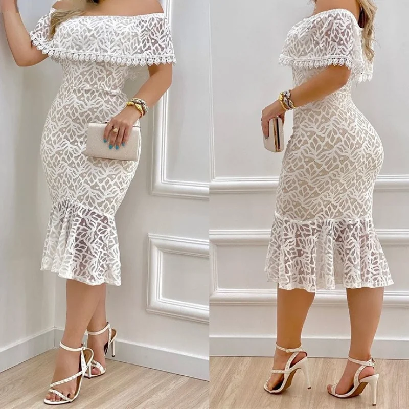 

Women's Solid Color Fashion Off Shoulder Off Shoulder Shoulder Ruffle Leaf Hem Lace Hem Slim Fit Sexy Formal Party Sexy Dress