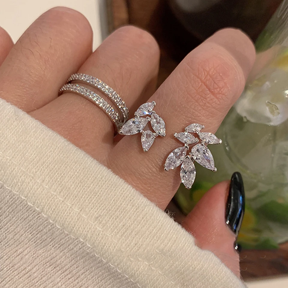 Korea Shiny Cubic Zircon Leaf Flower Open Rings for Women Fashion Clear Marquise Zircon Crystal Finger Ring Party Jewelry