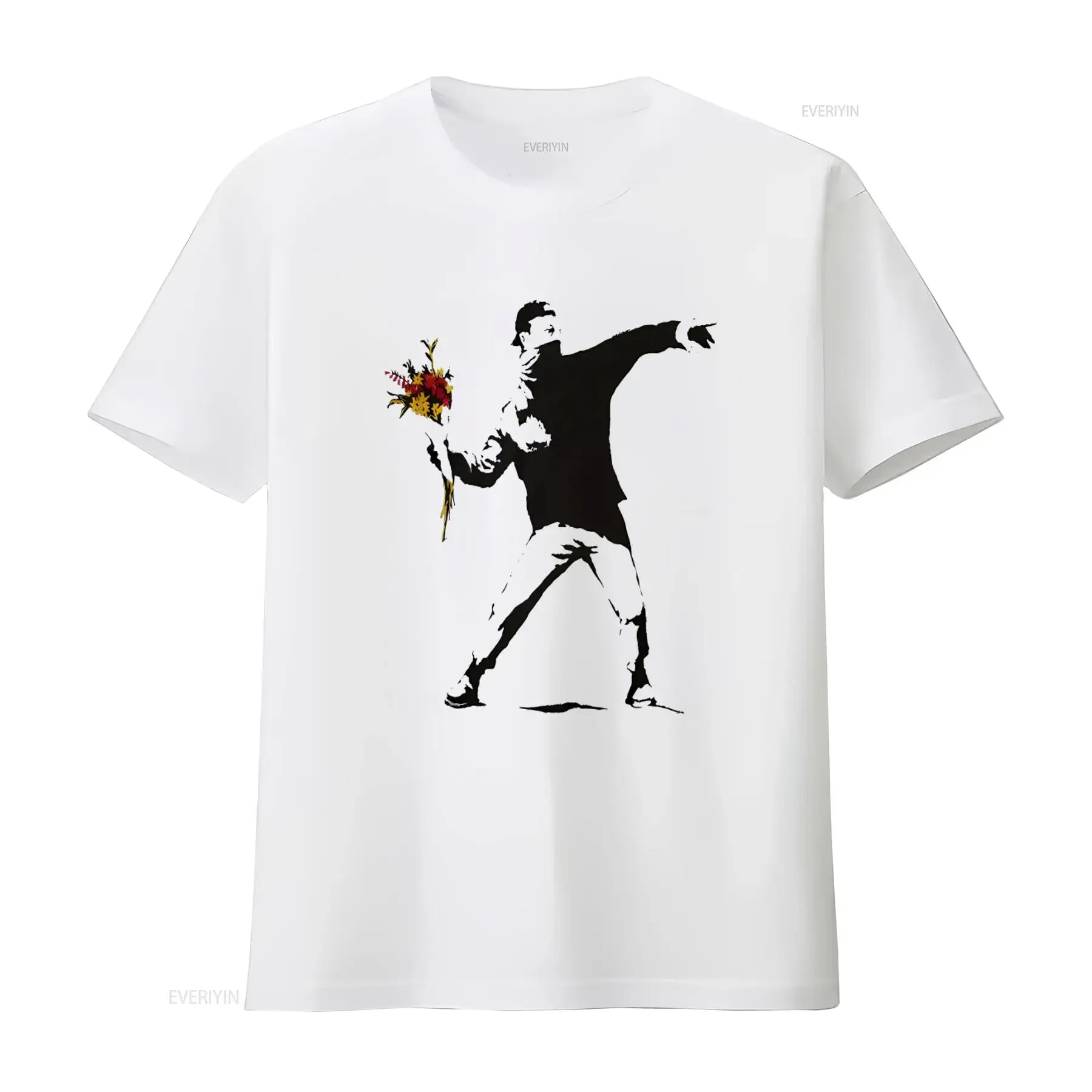 Banksy Flower Thrower Graffiti Art Urban T-Shirt Top Vintage Washed Stretched Soft Designer-Kleidung Vielseitig Unisex Atmungsaktiv