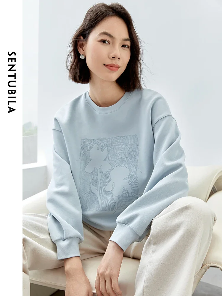 SENTUBILA Embroidery Knitted Sweatshirt for Women 2024 Autumn Winter Cotton Casual Loose Fit Solid Simple Pullovers 143A56381