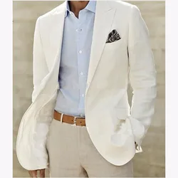 Costumes en lin ivoire imbibé pour hommes, blazer et pantalon sur mesure, smokings de mariage, marié sur mesure, blanc