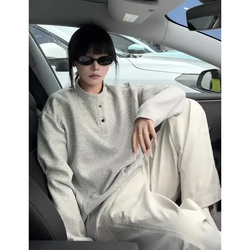 هينلي الرقبة العادية الكتف للجنسين البلوز الخريف النمط الأمريكي الجديد المرقعة تصميم كم طويل طبقة قاعدة أعلى