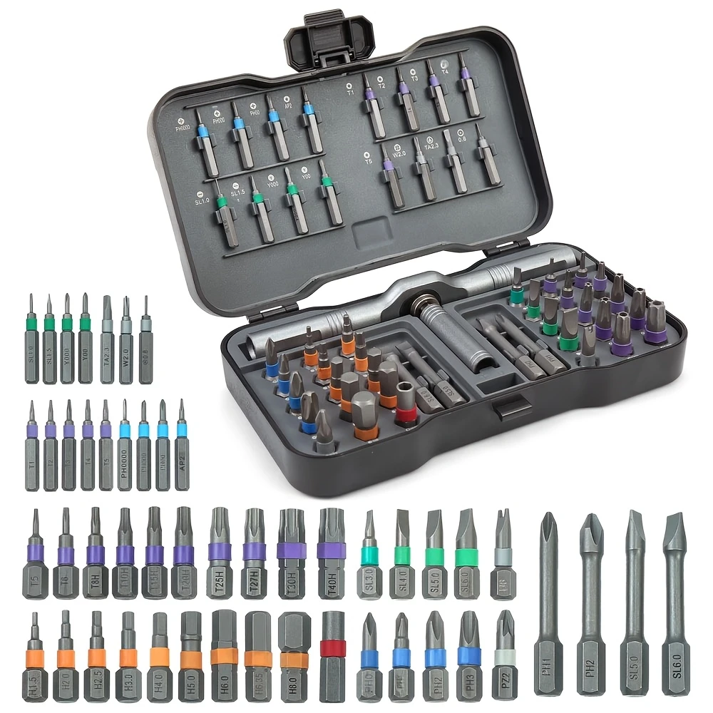 50-in-1 magnetic screwdriver set featuring a multifunctional magnetic ratcheting handle; a DIY ratcheting screwdriver kit and portable repair tool set suitable for repairing furniture, computers, bicycles, and more.