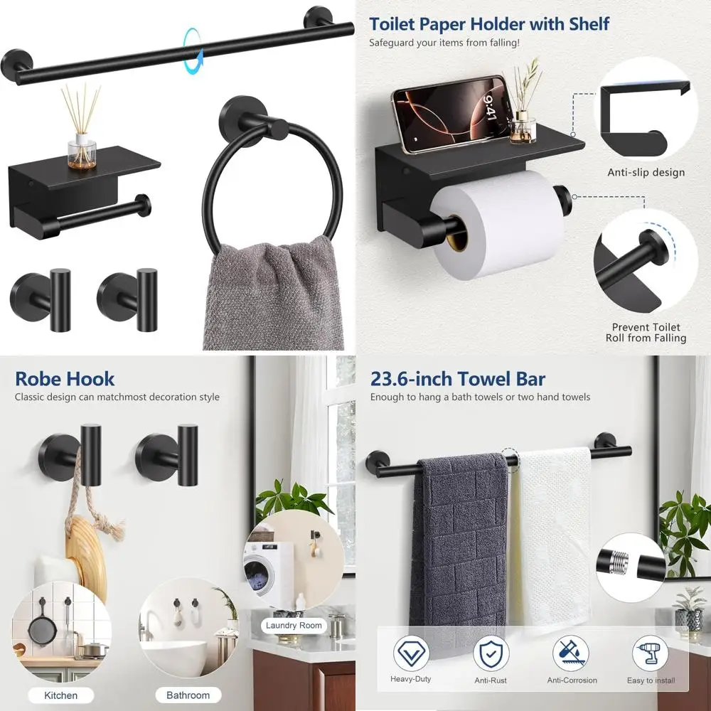 

5-Piece Matte Black Bathroom Hardware Set with Towel Bar, Holder, and Toilet Paper Holder