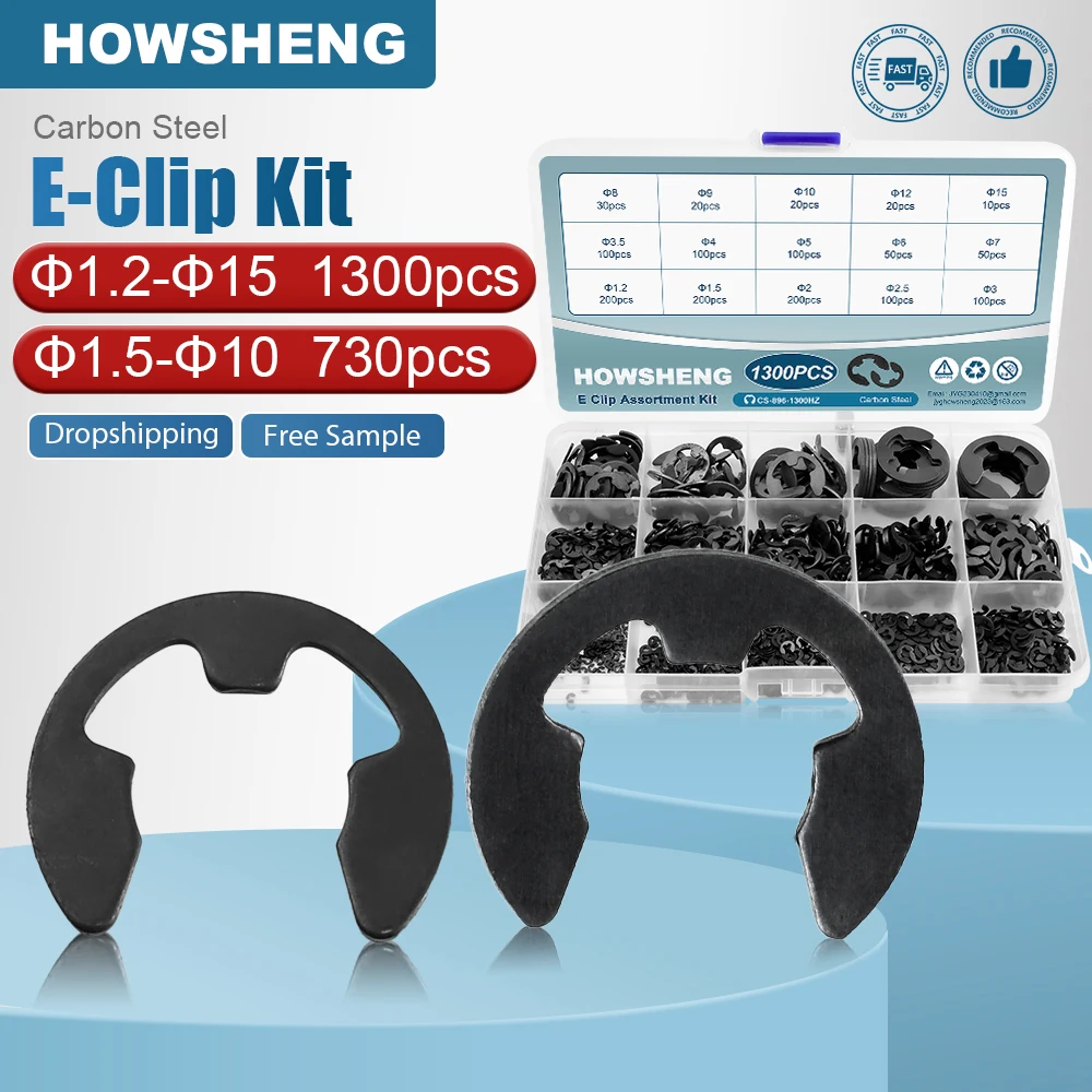 HOWSHENG 730/1300pcs E-clip Washer Assortment Set Carbon Steel 1.2-15mm External Retaining Snap Ring Kit for Shaft