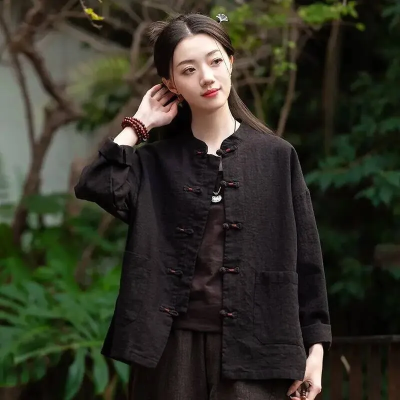 Nowa damska kurtka rozpinana w stylu chińskim z długim rękawem, luźny krój, stójka, zapinana na guziki, artystyczny styl zen, bawełna i len.