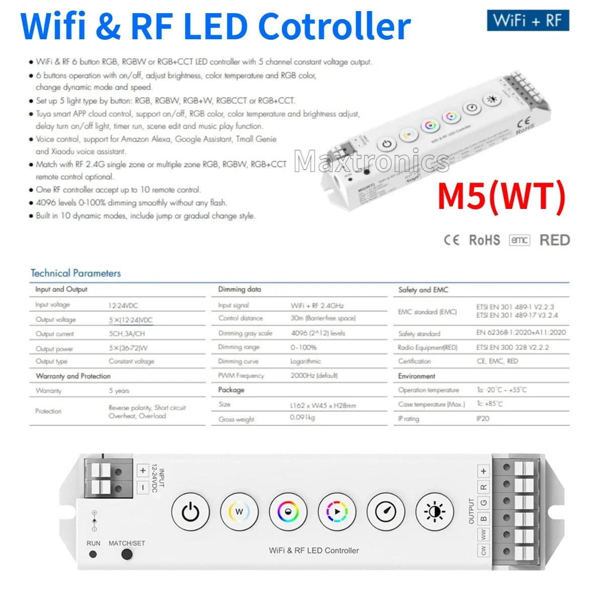 M5 (WT) 6 Buttons Constant Voltage Output 5CH*3A Tuya Alexa Control for RGB RGBW RGBCCT LED Strip 12-24VDC WiFi&RF CV Controller