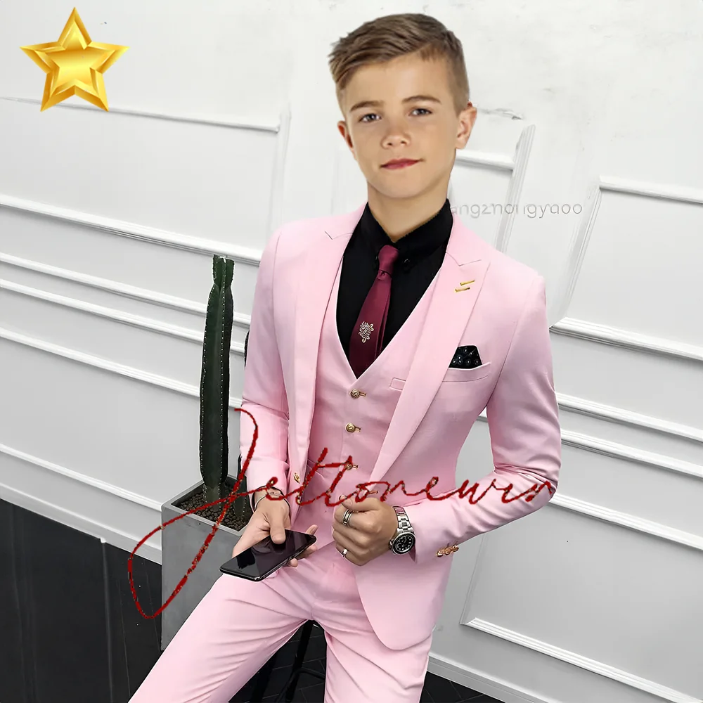 Pink Boys Suit Blazer Pants Vest 3-piece Set Slim Fit Clothes Kids Wedding Tuxedo Fashion 2-16 Years Old Outfit Suit Child