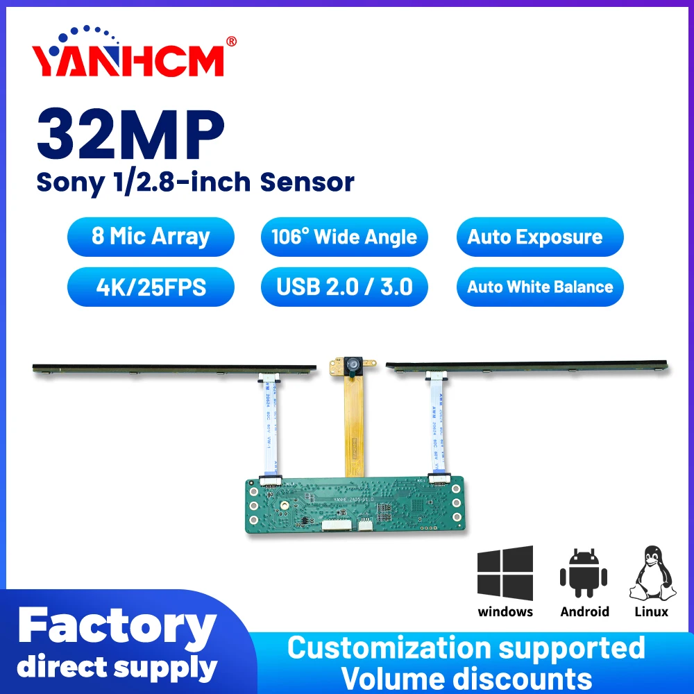 32MP Camera Modules 8 Mic Array 1080P 4K 25FPS FF USB 2.0 3.0 Free Driver Android Windows Linux For Video Conferencing