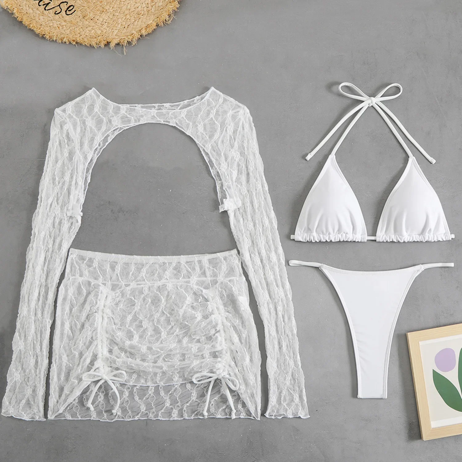 Sommerurlaub 4-teiliges Bikini-Set 2025 Damen Sexy Weiß Langarm Cover Up und Rock Badeanzug Strand Badeanzug Pool Bademode