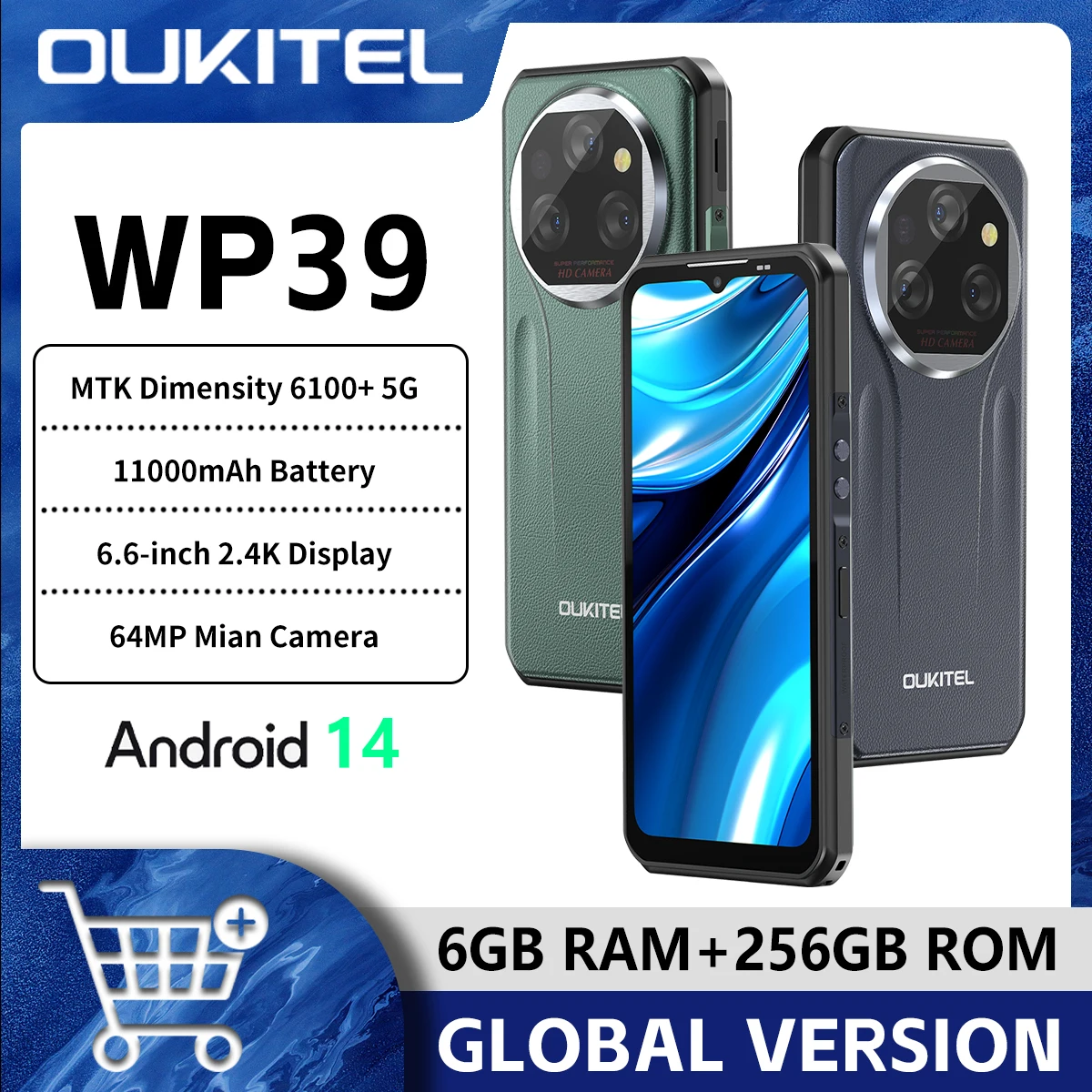 Global Version Oukitel WP39 Rugged 5G Smartphone Octa Core 24GB(6+18)+256GB 6.6Inch Android 14 Mobile Phone 64MP Camera 11000mAh