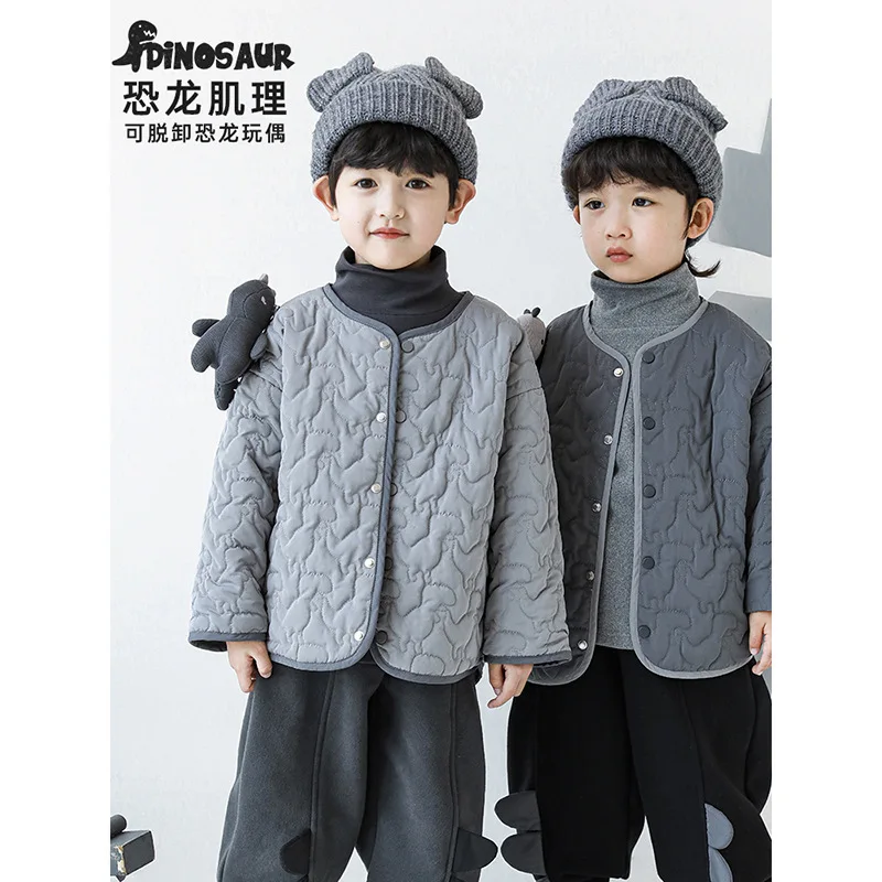 

Children's Detachable Dinosaur Doll Color Contrast Cotton Padded Clothes Winter New Boys' Cartoon Warm Coat