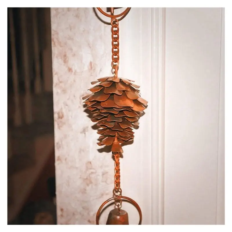 JHD 6X Pine Cone Shaped Rain Chain, Ancient Graffiti Pine Cone Decorative Hanging Chain, Metal Iron Bells
