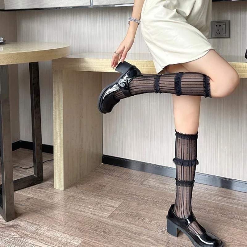 

Women Mesh Knee High Socks 3 Tiered Ruffle Lace Glitter Striped Stockings 15UB