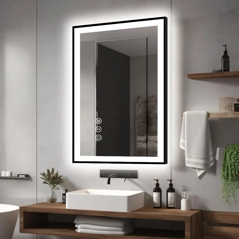 LED Bathroom Mirrors for Wall -Black Aluminum Framed (Front and Backlit), Anti-Fog Vanity Mirror With Lights,Stepless Dimmable