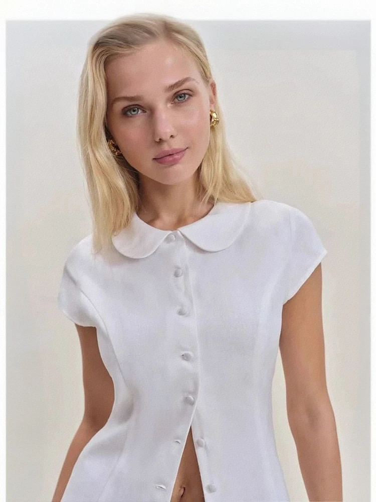 American Soft Girl Style Cotton Linen Shirt Vintage Slimming Babydoll Collar Waist Cinched Belted Top White Shirt
