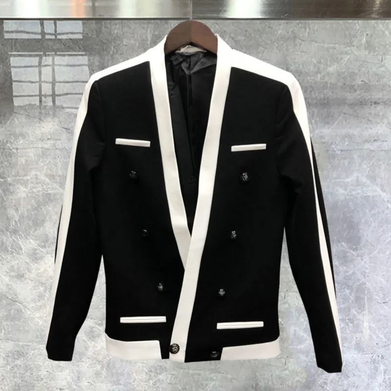 Trajes De Hombre Contrast Stripe Blalck White Blazer  Male Wedding Groom Spring Disguised Men Slim Stage Outfit Men Party Blazer