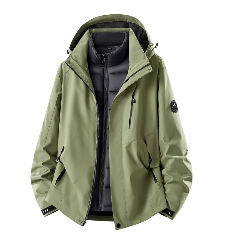 Unisex 3-in-1 Kapuzenjacke mit abnehmbarem, gepolstertem Innenmantel, farblich abgesetzte, wasserdichte, winddichte Jacke mit Reißverschluss für Männer und Frauen zum Wandern und Camping. – Detail 8