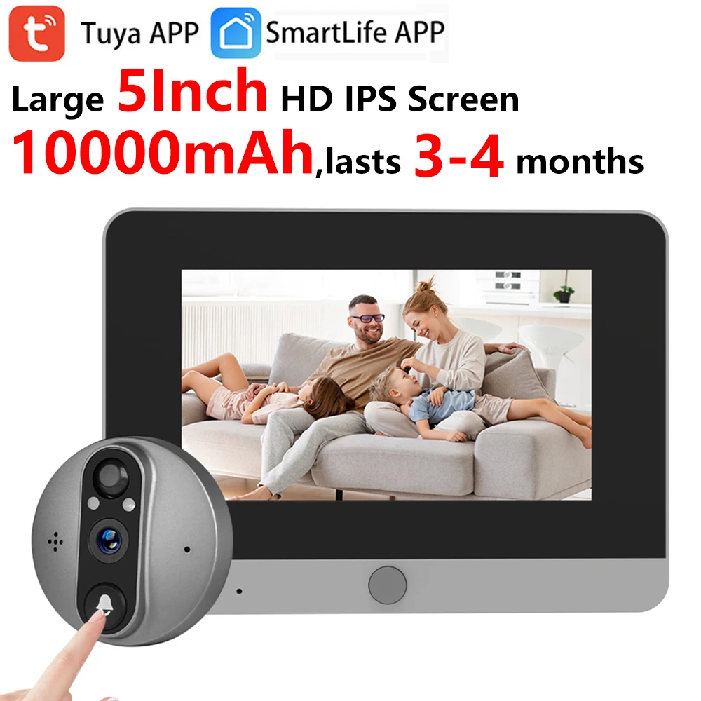 

Works 3-4Months Tuya Smart 5Inch Screen 10000mAh Battery Peephole Doorbell Digital Door View Camera for Home Apartment Security