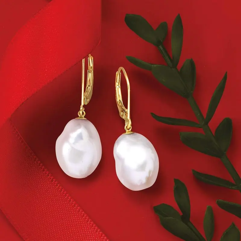 

11-12mm Cultured Baroque Pearl Drop Earrings 14K Drop Everyday Platinum Crystal Modern Unisex Diamond Formal Gold Casual Men