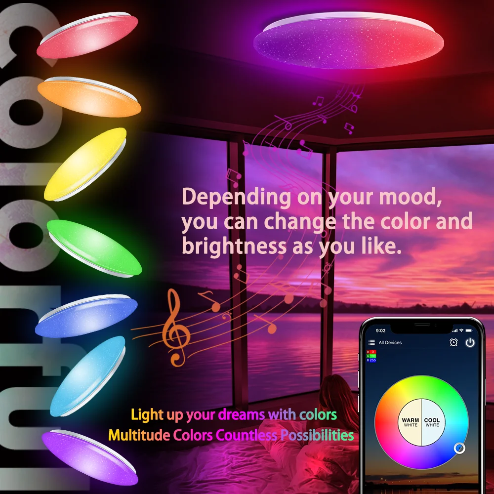 Imagem -02 - Luzes de Teto Led Inteligente com Alto-falante Bluetooth Controle de Voz Lâmpadas do Quarto Sala de Estar Trabalhar com Alexa Google Rgb