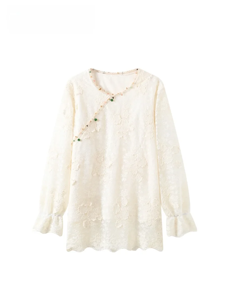 

CaraCLUB plus Size Chinese Sle Long Sve Hollow out Slimming Splice Women's irt Trendy Early Spring plus Size Inner Wear