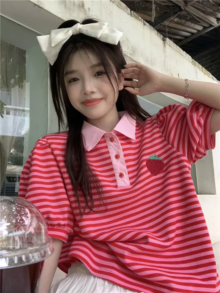 Women's Polo Shirts Pink Striped Embroidery T-shirts Baggy Korean Style Y2k Vintage One Pieces Polyester Emo Clothing Female Tee