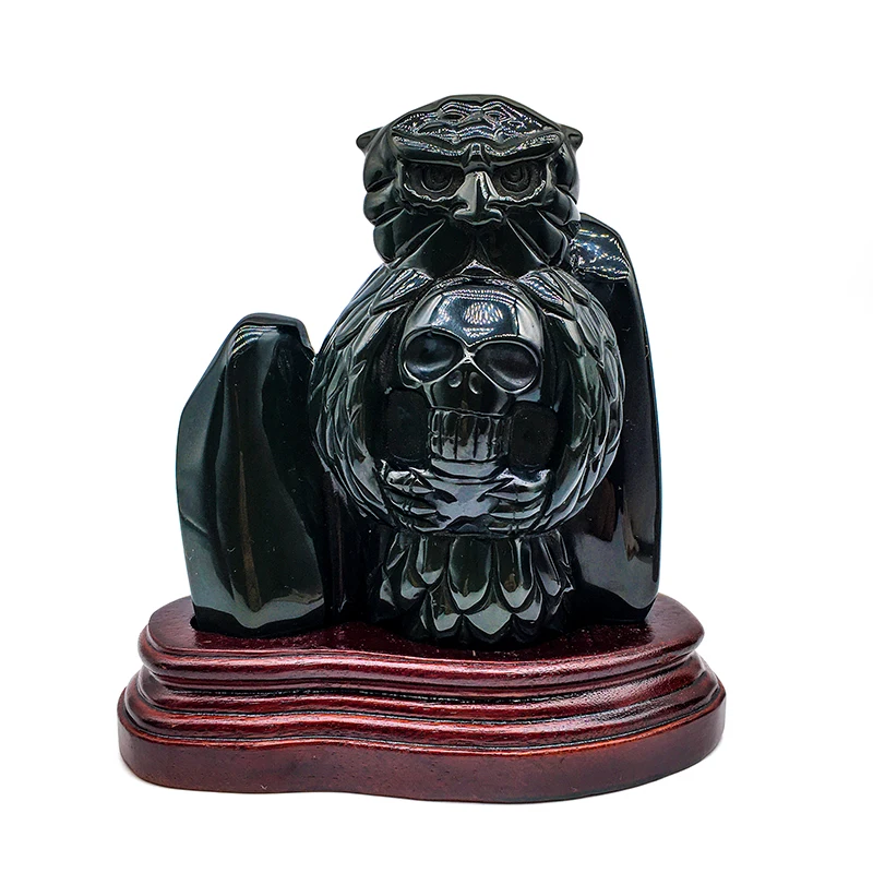 Natural crystal rainbow obsidian owl crystal carving polished obsidian skulls with customise stand for decoration