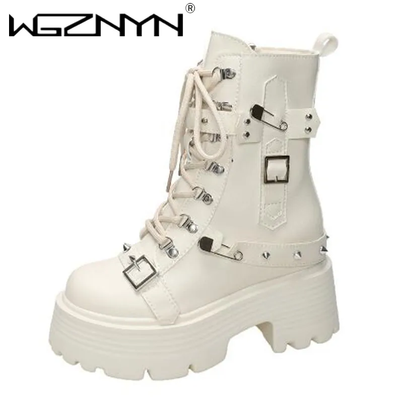 2024 Women Leather Punk Boots High Platform Chunky Sneakers Autumn 9CM Wedge Heels Mid-Calf Boots Woman Winter Motorcycle Boots