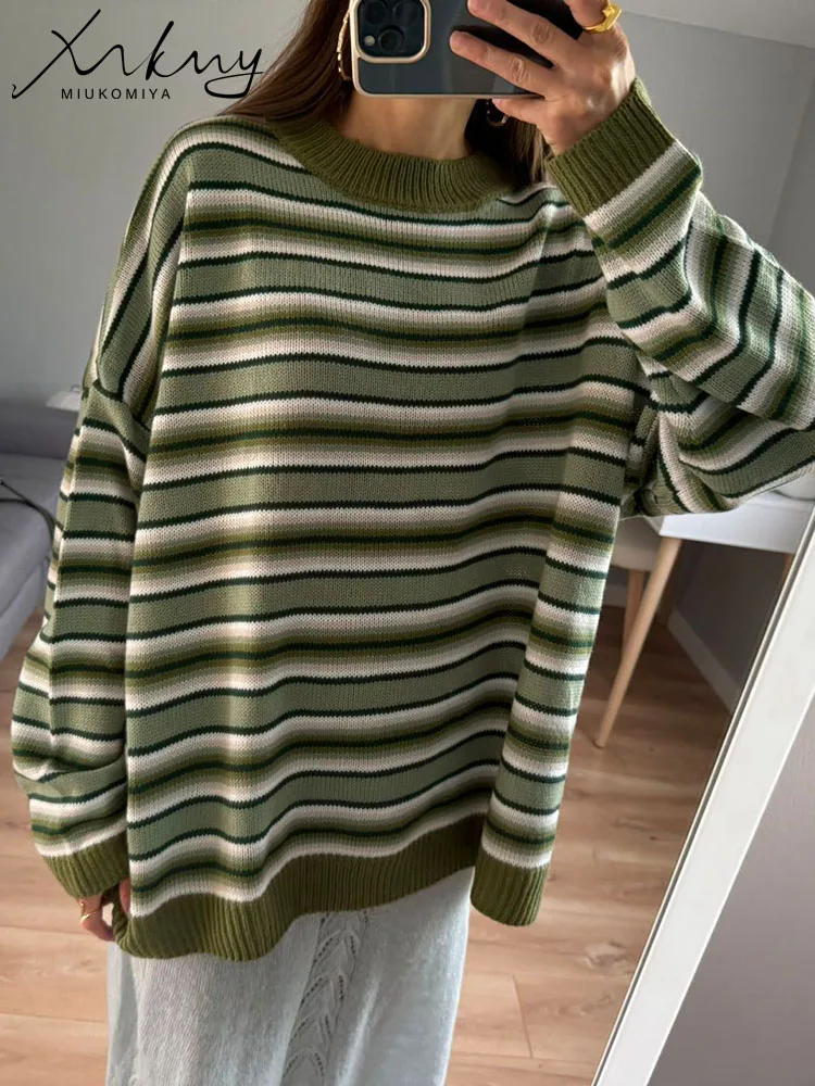 MiuKoMiYa Striped Oversized Sweaters For Women Thin Knitted Pullovers O Neck Tops Blue Women\'s Sweaters Stripe Knit Tops Autumn