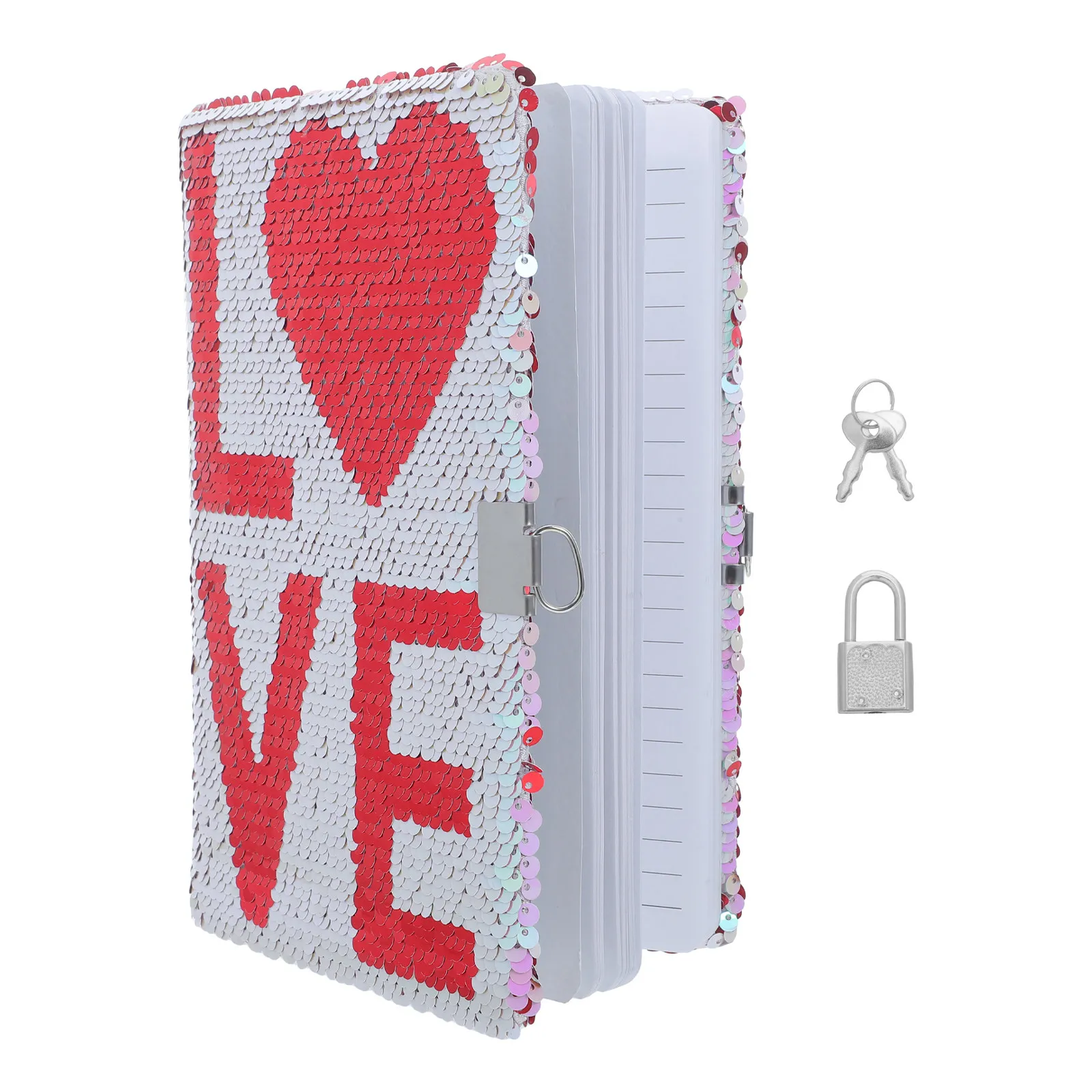 Sequin Notebook Lock Reversible Glitter Love Pattern Diary A5 Metal Glitter Journal School Work Writing Notepad for Girls