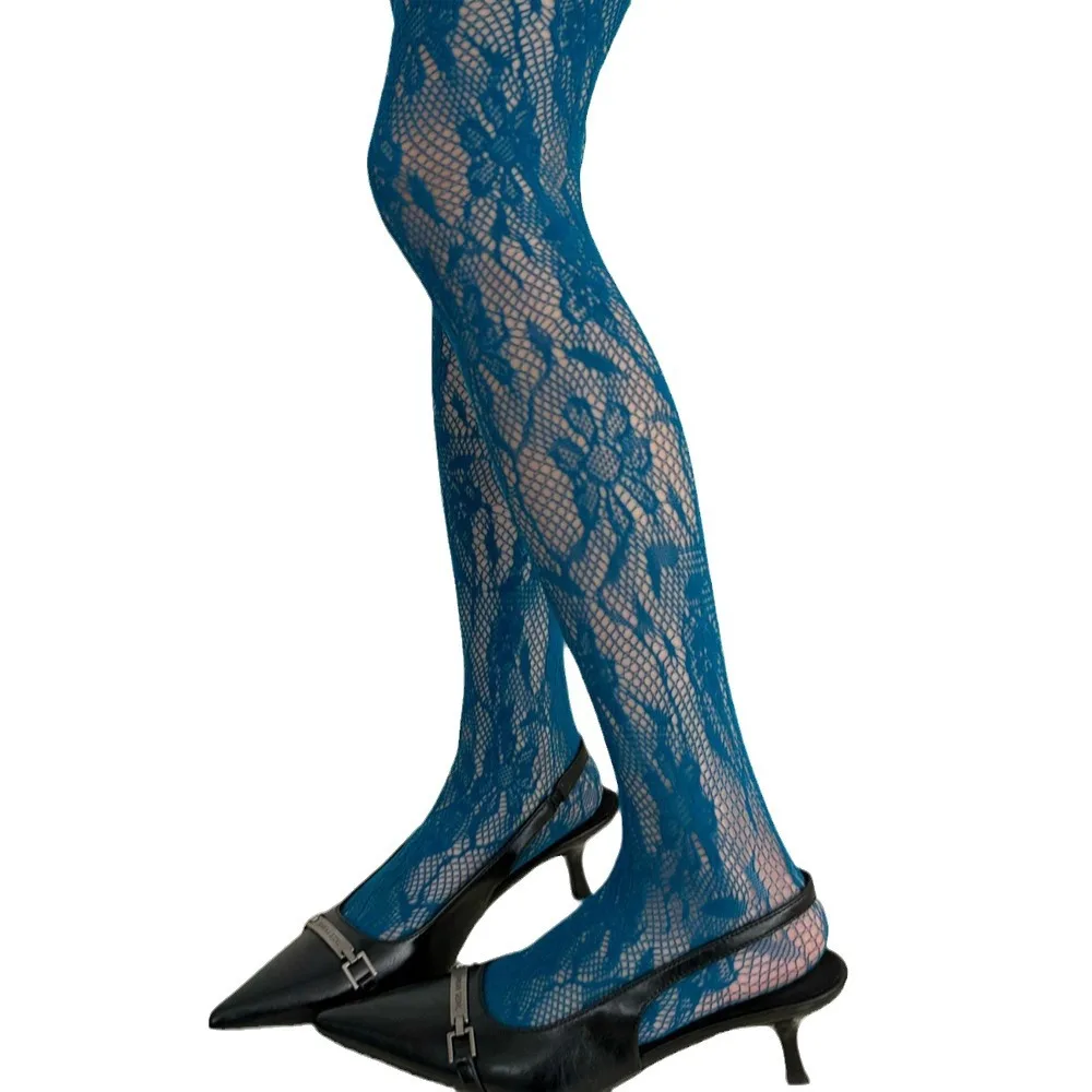 Spicy Girl Y2K Style Flower Mesh Socks Colorful Embroidered Hollow Out Women\'s  Pantyhose Sexy Vintage Lace Long Socks