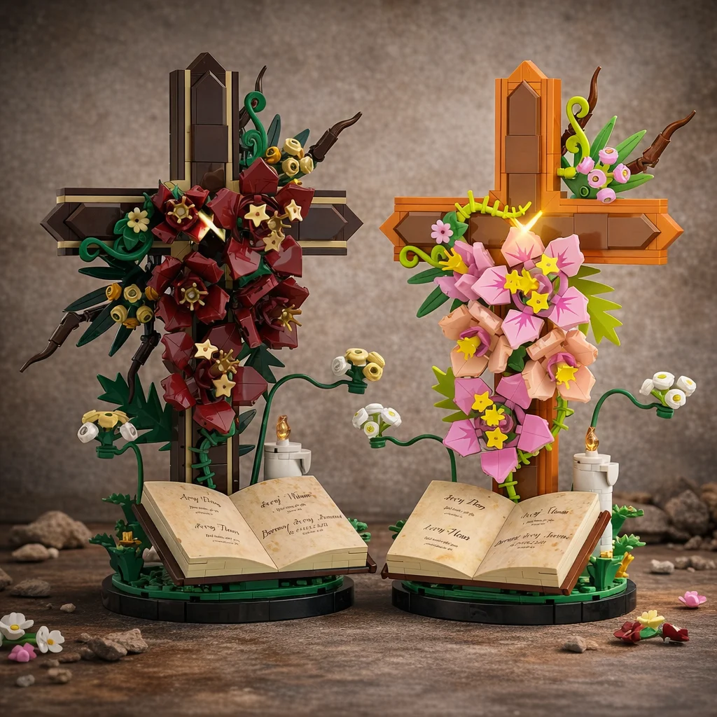 MOC Flower Cross Building Blocks Floral Memorial Decor Book Base DIY Assembly Bricks Model Home Desk Ornament Gift Kids Adults