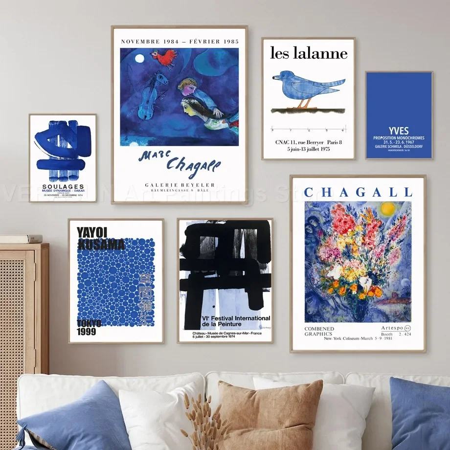 ملصقات ومطبوعات على القماش ، فن جداري أزرق ، روح ولالين ، ماتيس يايوي وكوساما ، شاغال ، صورة لديكور غرفة المعيشة #2