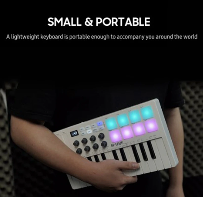 M-VAVE Portátil MIDI 25-Key USB Controlador De Teclado Com 8 Almofadas De Tambor Retroiluminadas 8 Puxadores Musical RGB