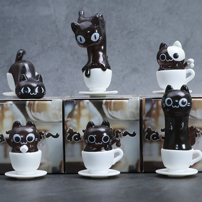 

6 Pcs Coffee Cup Cat Blind Box Funny Pose Cat Cafe Figurine Collectible Desktop Ornament Toy Doll For Cat Lovers Creative Gifts