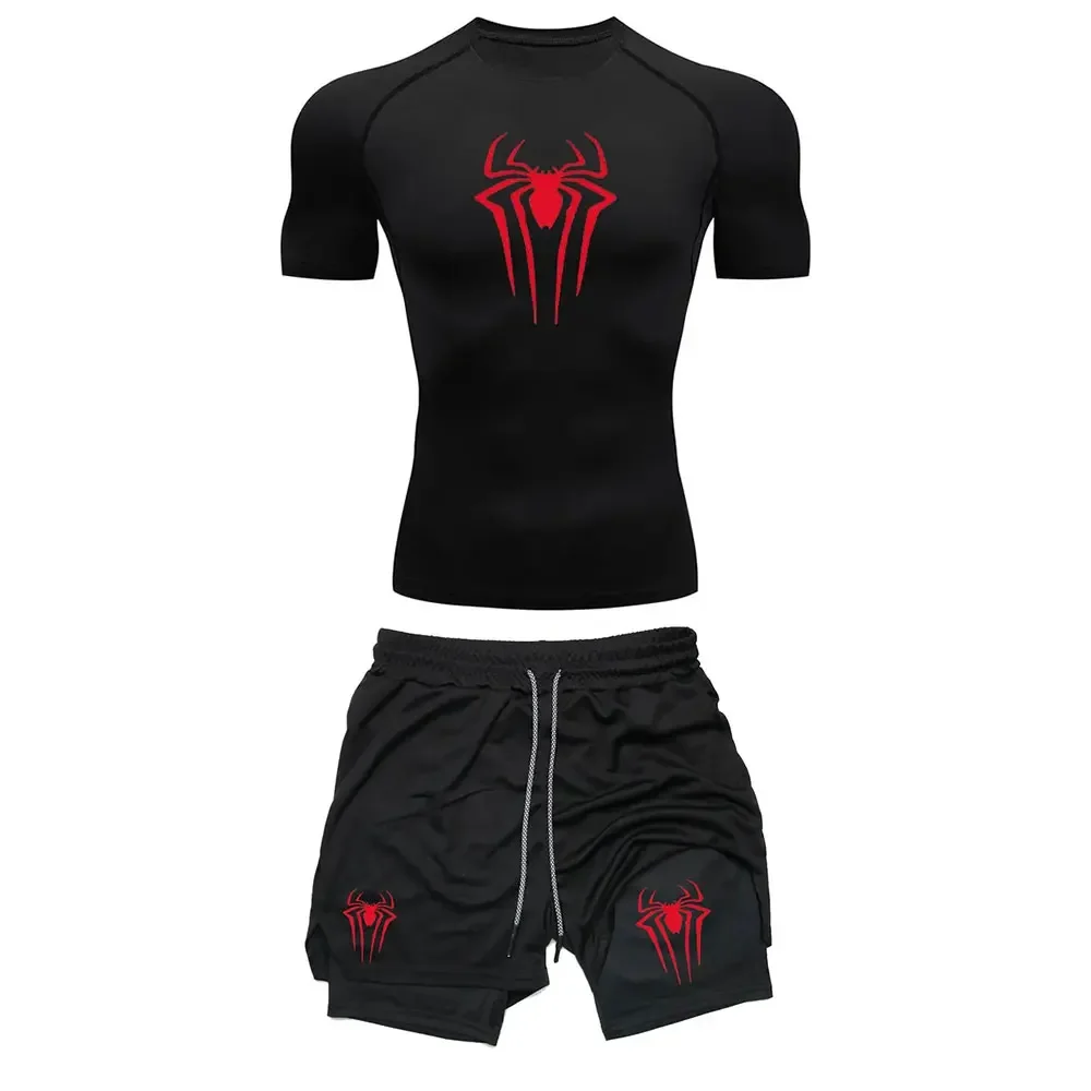 Compression training sportswear men's set, spider print running fitness T-shirt, breathable running shorts, quick drying exercis