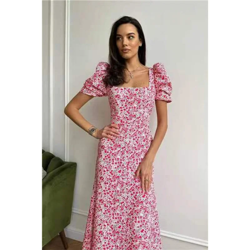 2025 النمط الأوروبي والأمريكي الفرنسي فستان طويل صيف جديد الخصر مقصوص التخسيس أنيقة المرأة الأزهار قصيرة الأكمام D