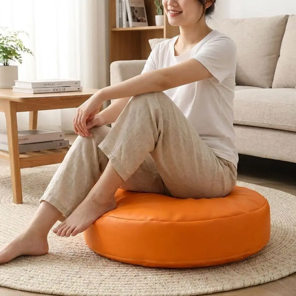 Minimalist Style PU Leather Round Seat Cushion with Filling Thicken Floor Seat Mat Waterproof Soft Chair Cushion Home Use
